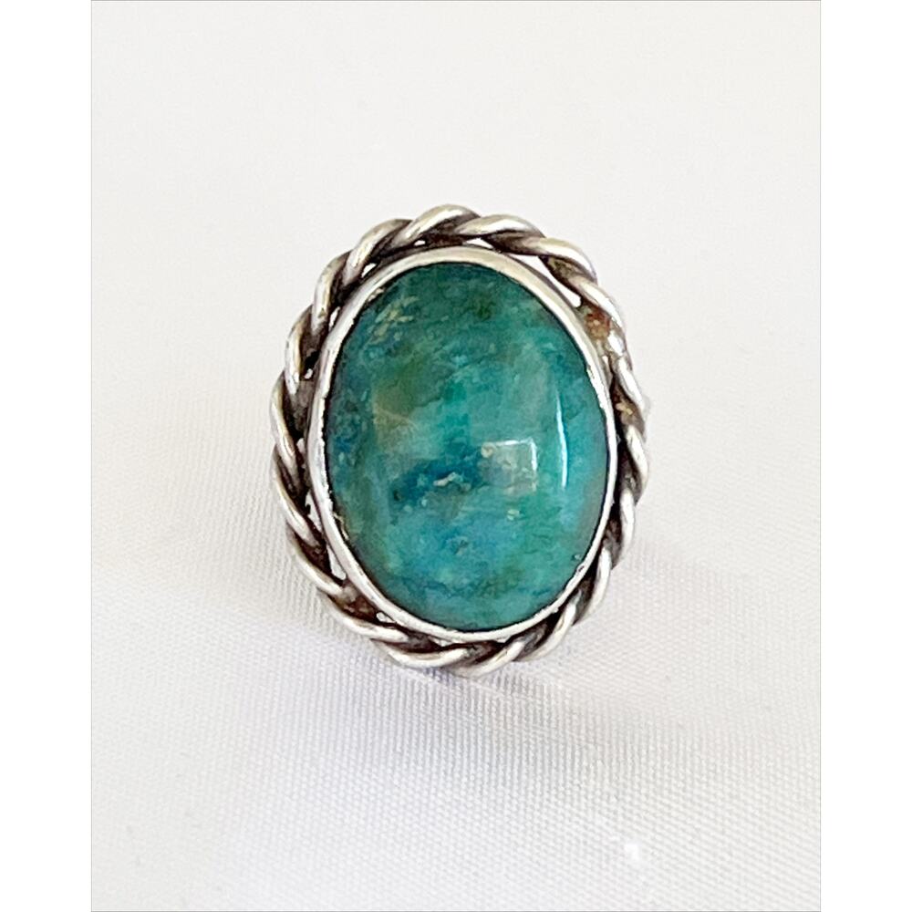 Native American Navajo Sterling Silver Turquoise Twisted Rope Bezel Split Band - Picture 9 of 11